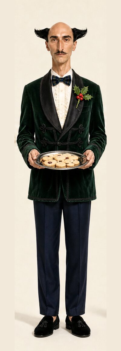 The butler in a green velvet jacket with a tray of shortbread