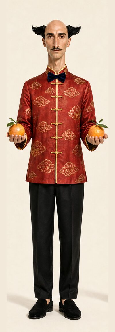 The butler in a red silk jacket holding two mandarin oranges