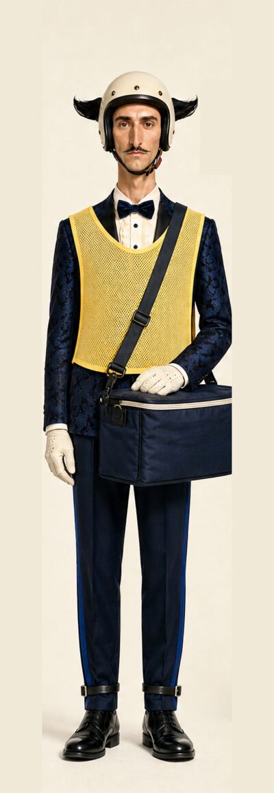 The butler as a delivery rider with a cooler bag