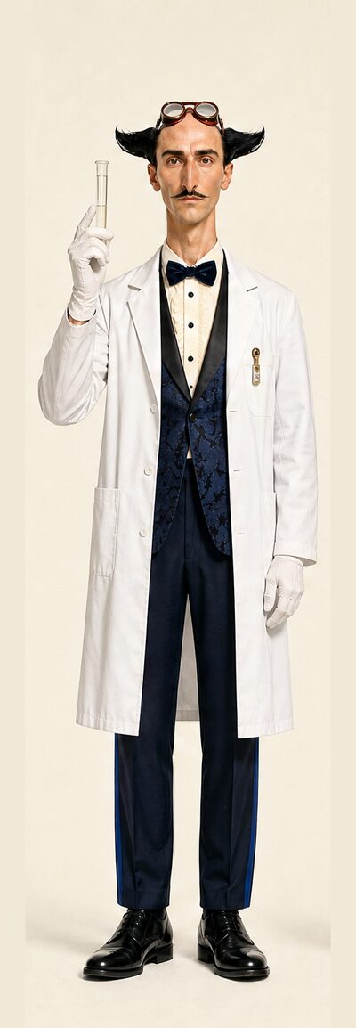 The butler in a lab coat holding a test tube