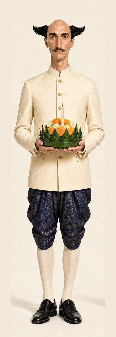 The butler in Thai formal dress holding a krathong