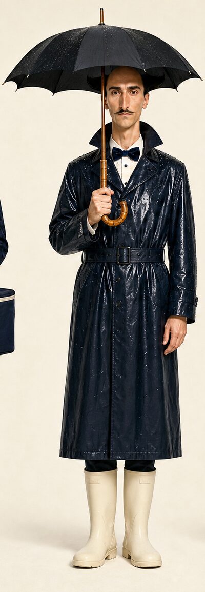 The butler in a raincoat under a black umbrella