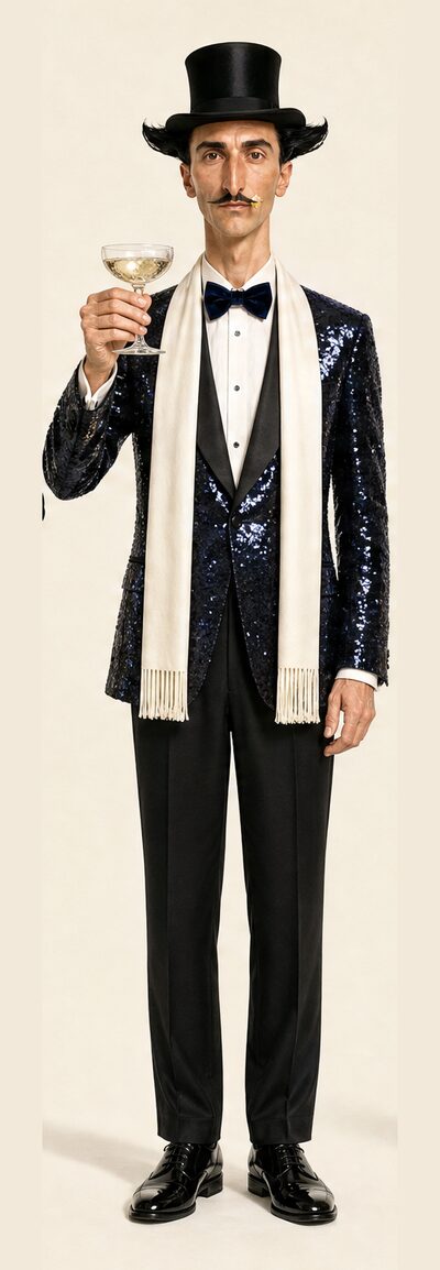 The butler in a sequined jacket and top hat raising a glass