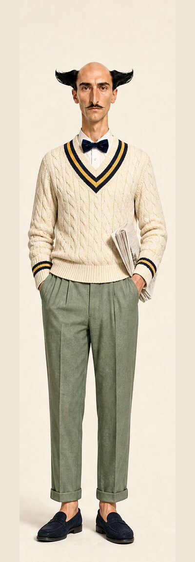 The butler off duty in a cricket sweater