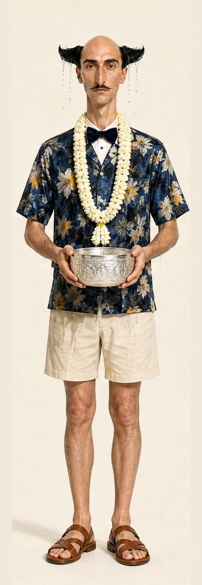 The butler soaked in a floral shirt holding a silver water bowl