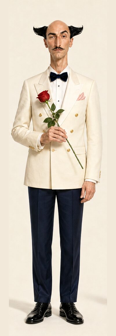 The butler in a cream dinner jacket holding a red rose
