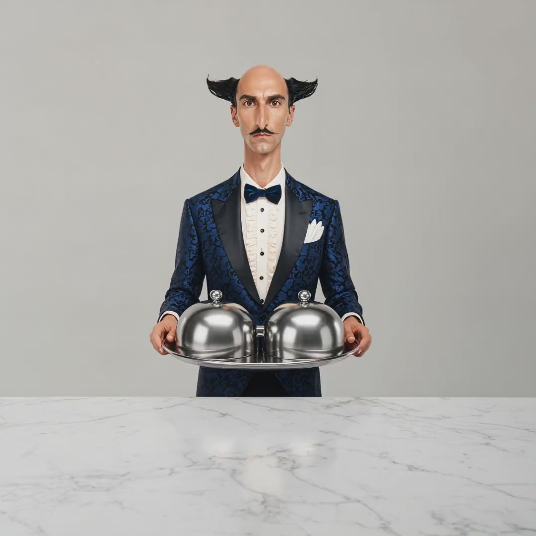 The butler lifts two cloches to reveal unsalted and salted butter